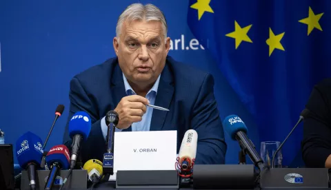 epa11649198 Hungarian Prime Minister Viktor Orban gives a press conference ahead of a plenary session at the European Parliament in Strasbourg, France, 08 October 2024. EPA/CHRISTOPHE PETIT TESSON