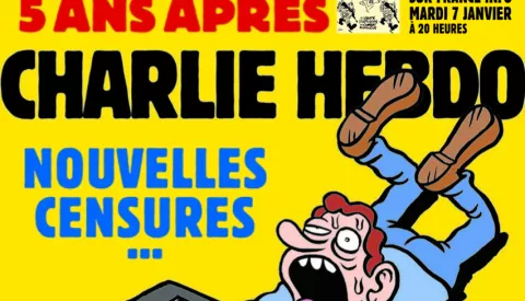 epa08107835 A handout photo made available by the Majorelle PR Agency on 06 January 2020 shows the cover of the special issue of French satirical weekly Charlie Hebdo with a cartoon by French artist Coco to mark the fifth anniversary of the Charlie Hebdo attacks, reading 'New censorship... New dictatorship'. Commemorations will mark the fifth anniversary of the terror attacks at the Charlie Hebdo offices that took place on 07 January 2015. EPA/CHARLIE HEBDO HANDOUT MANDATORY CREDIT: CHARLIE HEBDO HANDOUT EDITORIAL USE ONLY/NO SALES/NO ARCHIVES *** Local Caption *** 53984746