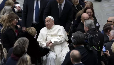 epa11804923 Pope Francis (C) receives Catholic associations Uciim, Aimc and Agesc, in audience at the Paolo VI hall, Vatican City, Vatican, 04 January 2025. EPA/ANSA/MASSIMO PERCOSSI