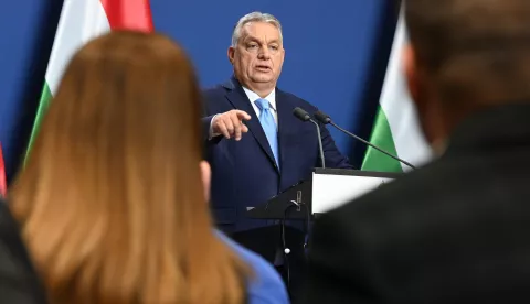 epa11788115 Hungarian Prime Minister Viktor Orban responds to questions from journalists during his year-end press conference in his office, the former Carmelite Monastery, in Budapest, Hungary, 21 December 2024. EPA/ZOLTAN MATHE HUNGARY OUT