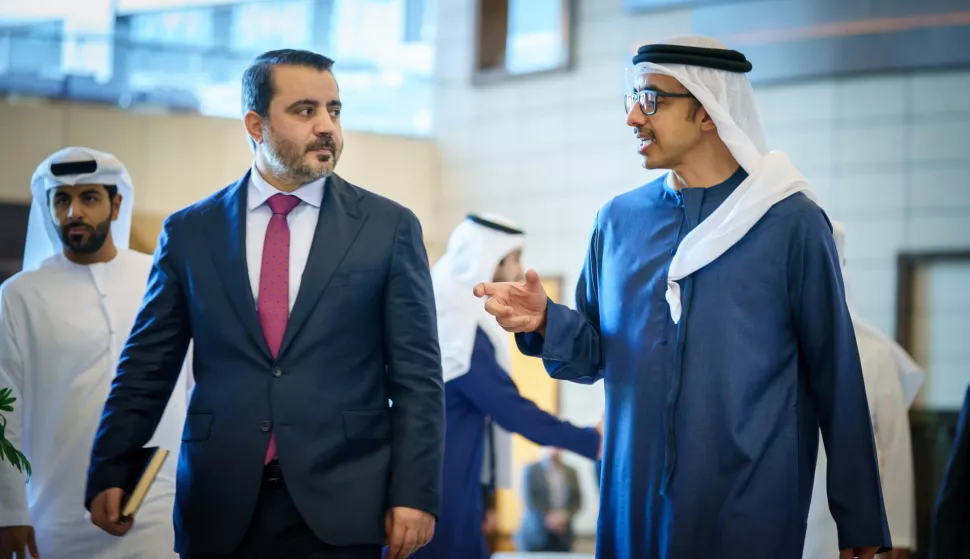 epa11809373 A handout photo made available by the Emirates News Agency (WAM) shows United Arab Emirates Deputy Prime Minister and Minister of Foreign Affairs H.H. Sheikh Abdullah bin Zayed Al Nahyan (R) walking with Syrian Foreign Minister Asaad Hassan al-Shibani (L) in Abu Dhabi, United Arab Emirates, 06 January 2025. Al-Shibani has arrived in Abu Dhabi for a first official visit to the Gulf region. EPA/EMIRATES NEWS AGENCY/HANDOUT HANDOUT EDITORIAL USE ONLY/NO SALES