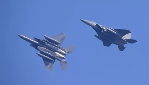 epa07734414 (FILE) - F-15K fighter jets from South Korea's airforce fly above the Osan Air Base during the Invincible Shield exercise, in Pyeongtaek, south of Seoul, South Korea, 08 November 2016 (reissued 23 July 2019). According to media reports on 23 July 2019, a Russian military plane violated South Korean airspace, prompting South Korean milirary officials to fire a warning shot and deploy F-15K and F-16K fighter jets to intercept the plane. The incident occured near the Dokdo islets. EPA/JEON HEON-KYUN