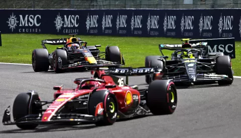 epa10777260 Dutch Formula One driver Max Verstappen (L-back) of Red Bull Racing, British Formula One driver Lewis Hamilton (R) of Mercedes-AMG Petronas and Monegasque Formula One driver Charles Leclerc (front) of Scuderia Ferrari in action during the 2023 Formula 1 Belgian Grand Prix at the Circuit de Spa-Francorchamps racetrack in Stavelot, Belgium, 30 July 2023. EPA/CHRISTIAN BRUNA