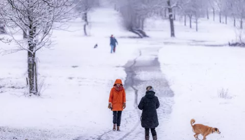 epa11814241 People walk amid snow in the province of Limburg, Heerlen, Netherlands, 09 January 2025. EPA/MARCEL VAN HOORN