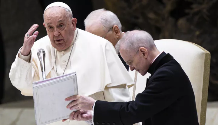 epa11813007 Pope Francis leads the weekly general audience in the Paul VI Hall, Vatican City, 08 January 2025. EPA/ANGELO CARCONI