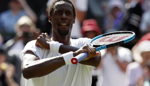 epa06868331 Gael Monfils of France celebrates his win over Sam Querrey of USA in their third round match during the Wimbledon Championships at the All England Lawn Tennis Club, in London, Britain, 06 July 2018. EPA/NIC BOTHMA EDITORIAL USE ONLY/NO COMMERCIAL SALES