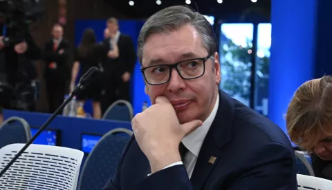 epa11707163 Serbian President Aleksandar Vucic attends a plenary session of the 5th summit of the European Political Community (EPC) held in Puskas Arena in Budapest, Hungary, 07 November 2024 EPA/ZOLTAN MATHE HUNGARY OUT