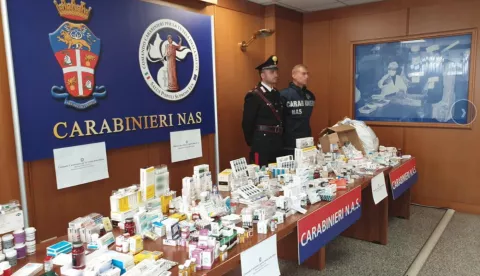 epa07704739 A handout photo made available by European police agency, Europol showing Italian Carabinieri with items seized from organised crime groups involved in the trafficking of counterfeit medicines and doping material in raids across Europe, 08 July 2019. Europol state that on 08 July 2019 thirty-three countries, INTERPOL, the Joint Research Centre (JRC), the European Anti-Fraud Office (OLAF), the World Anti-Doping Agency (WADA) joined forces in the Europol-coordinated operation Viribus for a massive crackdown on the trafficking of doping materials and counterfeit medicines. The operation, led by the Italian NAS Carabinieri and co-led by the Financial Unit of the Hellenic Police, is the largest action of this kind ever. The operation has netted 24 tons of anabolic steroid powder and 234 arrests across Europe. EPA/EUROPOL/HANDOUT HANDOUT EDITORIAL USE ONLY/NO SALES