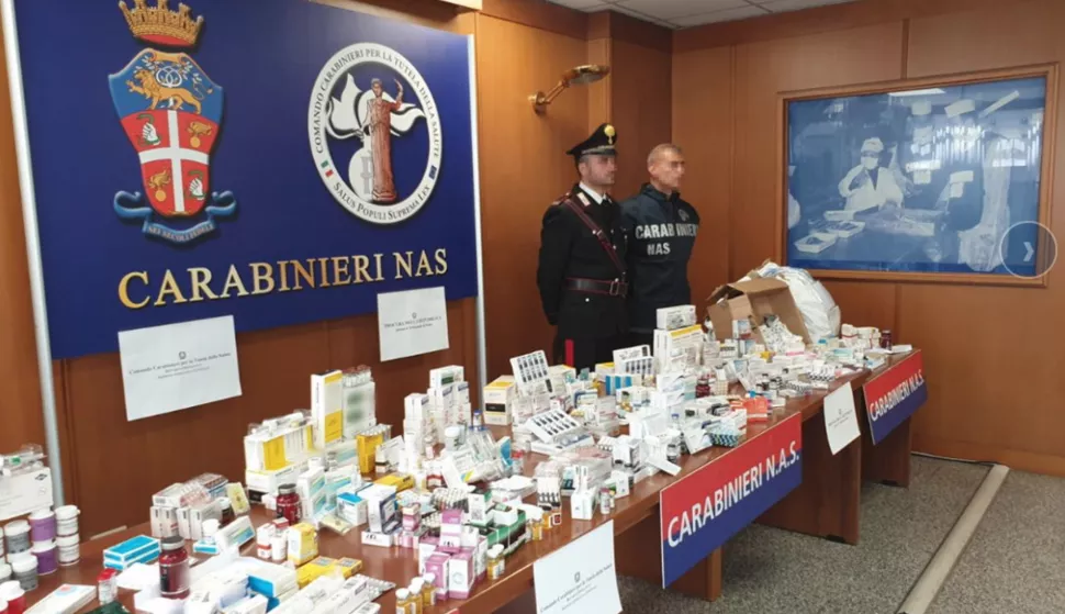 epa07704739 A handout photo made available by European police agency, Europol showing Italian Carabinieri with items seized from organised crime groups involved in the trafficking of counterfeit medicines and doping material in raids across Europe, 08 July 2019. Europol state that on 08 July 2019 thirty-three countries, INTERPOL, the Joint Research Centre (JRC), the European Anti-Fraud Office (OLAF), the World Anti-Doping Agency (WADA) joined forces in the Europol-coordinated operation Viribus for a massive crackdown on the trafficking of doping materials and counterfeit medicines. The operation, led by the Italian NAS Carabinieri and co-led by the Financial Unit of the Hellenic Police, is the largest action of this kind ever. The operation has netted 24 tons of anabolic steroid powder and 234 arrests across Europe. EPA/EUROPOL/HANDOUT HANDOUT EDITORIAL USE ONLY/NO SALES