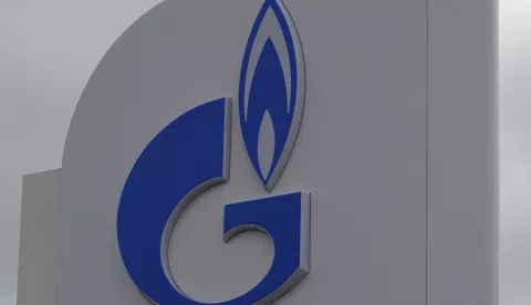 epa09916637 The Gazprom logo at a Gazprom Neft gas station in Moscow, Russia, 29 April 2022. The Bank of Russia announced on 29 April 2022 to "cut the key rate by by 300 basis points to 14.00 percent per annum." According to the Bank of Russia's forecast, annual inflation will reach between 18.0 and 23.0 percent in 2022, slowing down to between 5.0 and 7.0 per cent in 2023. EPA/MAXIM SHIPENKOV