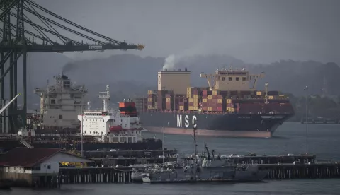 epa11232631 A container ship sails in the Panama Canal in Panama City, Panama, 20 March 2024. The Panama Canal inaugurated this 20 March a laboratory for analyzing the quality of the drinking water in its basin, which is used for consumption by half of the country's population, in the midst of the water crisis due to the severe drought derived from the El Nino phenomenon. EPA/Bienvenido Velasco