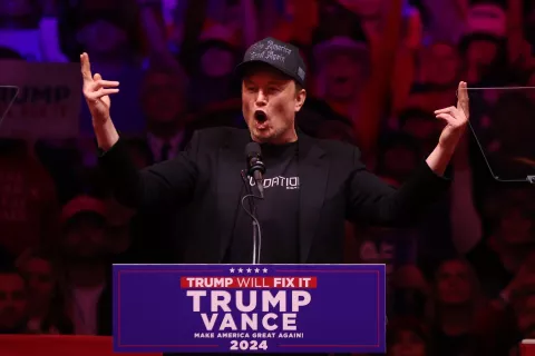 epa11688259 Elon Musk, businessman, speaks during a rally held for former US President and Republican presidential candidate Donald Trump, at Madison Square Garden in New York, New York, USA, 27 October 2024. Trump is facing US Vice President and Democratic presidential candidate Kamala Harris in the upcoming election on 05 November 2024. EPA/SARAH YENESEL