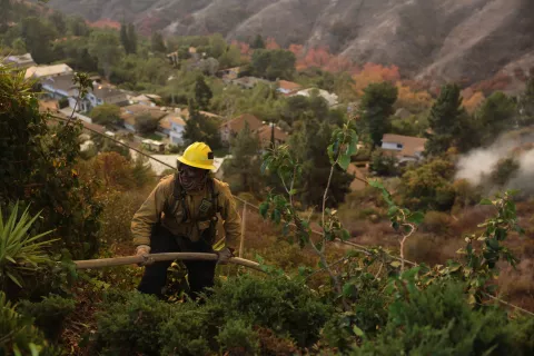 epa11819343 A firefighter works in brush against the Palisades wildfire in Los Angeles, California, USA, 11 January 2025. Thousands of firefighting and emergency personnel are involved in response efforts, as multiple wildfires are continuing to burn across thousands of acres in Southern California, destroying thousands of homes and forcing people to evacuate areas throughout the Los Angeles area. EPA/ALLISON DINNER