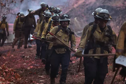 epaselect epa11819207 Firefighters hike into the Palisades wildfire in Los Angeles, California, USA, 11 January 2025. Thousands of firefighting and emergency personnel are involved in response efforts, as multiple wildfires are continuing to burn across thousands of acres in Southern California, destroying thousands of homes and forcing people to evacuate areas throughout the Los Angeles area. EPA/ALLISON DINNER