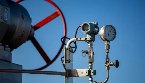 epa11814833 A gauge sits on outdoor pipework at the underground gas storage facility operated by Gas Storage CZ near Haje u Pribrami, Czech Republic, 09 January 2025.  EPA/MARTIN DIVISEK