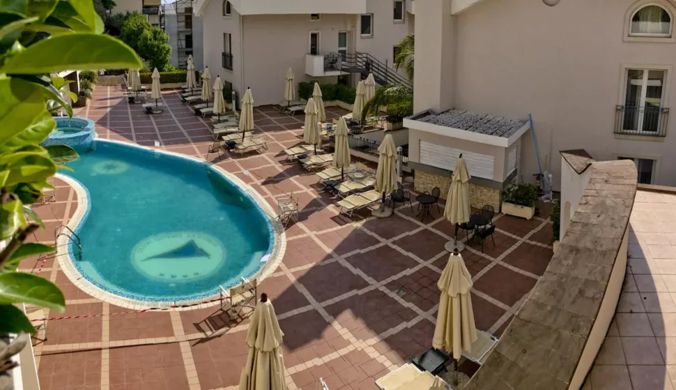 epa06883910 View of the swimming pool at the four-star hotel Grand Virgilio of Sperlonga in Latina, Italy, 12 July 2018. Thirteen year old Sara Francesca Basso died after going for a swim in the hotel pool where she was staying with her parents and her sister. The young girl was sucked in by a water spigot that was on the bottom of the pool. EPA/ANSA