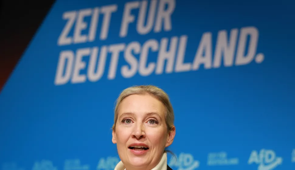 epa11761834 Alternative for Germany (AfD) party and faction co-chairwoman and top candidate for the federal election Alice Weidel speaks during a press conference of the Alternative for Germany (AfD) in Berlin, Germany, 07 December 2024. The Alternative for Germany (AfD) party held a press conference to present their Chancellor candidate ahead of the upcoming German federal election. EPA/CLEMENS BILAN