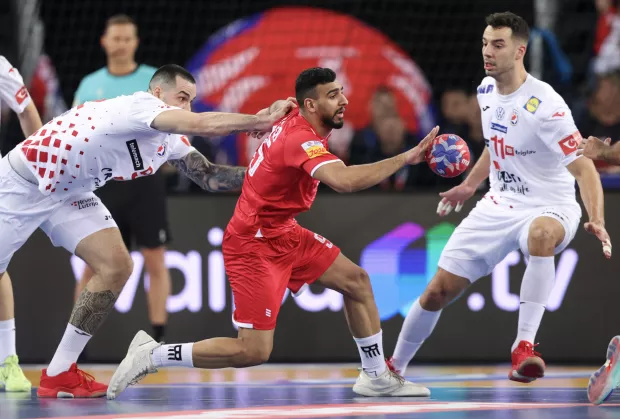 Zagreb, 15.01.2025 - Utakmica 1. kola skupine H Svjetskog prvenstva rukometa&scaron;a Hrvatska - Bahrain. Na slici Leon &Scaron;u&scaron;nja, Zvonimir Srna.foto HINA/ Damir SENČAR/ ds