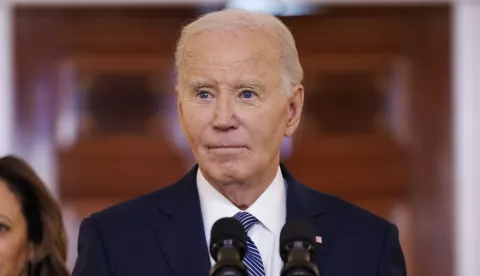 epa11827008 President Joe Biden gives remarks in the Entrance Hall of the White House in Washington DC, USA, 15 January 2025. Israel and Hamas announced they had come to a ceasefire and hostage deal. EPA/AARON SCHWARTZ/POOL