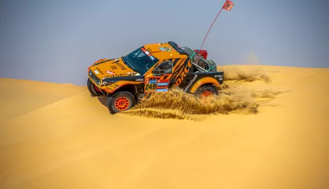 epa11826628 Karel Trneny of the Czech Republic and Vaclav Pritzl of the Czech Republic compete with their Ford 150 Evo for X-Force ACCR Czech Team during the 10th stage of the 2025 Dakar Rally from Haradh to Shubaytah, Saudi Arabia, 15 January 2025. EPA/Demi Baauw