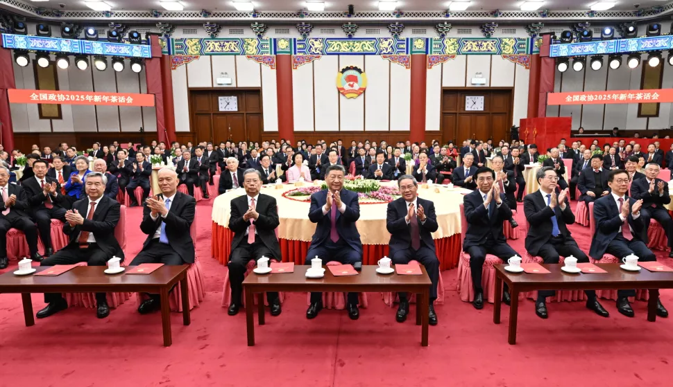 epa11799858 (Front L-R) Secretary of the Central Commission for Discipline Inspection of the Communist Party of China Li Xi, Secretary of the Secretariat of the Chinese Communist Party Cai Qi, Chairman of the Standing Committee of the National People's Congress of China Zhao Leji, Chinese President Xi Jinping, Premier Li Qiang, Chairman of the Chinese People's Political Consultative Conference Wang Huning, Vice Premier Ding Xuexiang and Vice-President Han Zheng attend the New Year gathering organized by the National Committee of the Chinese People's Political Consultative Conference (CPPCC) in Beijing, China, 31 December 2024. The leaders also watched a performance at the gathering. EPA/XINHUA/XIE HUANCHI CHINA OUT/UK AND IRELAND OUT/  MANDATORY CREDIT EDITORIAL USE ONLY