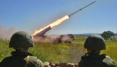 epa10163910 A handout photo made available by the press service of the Russian Defence Ministry on 06 September 2022 shows Russian servicemen firing a BM-27 Uragan (Hurricane) multiple rocket launch system during the Vostok 2022 strategic command and staff exercise at the Sergeyevsky training ground near Vladivostok, Primorsky Krai region, Russia. The Vostok 2022 strategic command and staff exercise takes place from 01 to 07 September 2022 and involves over 50,000 servicemen and more than 5,000 units of weapons and military equipment. EPA/RUSSIAN DEFENCE MINISTRY PRESS SERVICE HANDOUT -- MANDATORY CREDIT -- HANDOUT EDITORIAL USE ONLY/NO SALES