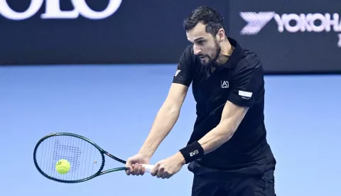 epa11714469 Mate Pavic of Croatia in action against Kevin Krawietz of Germany and Tim Puetz of Germany (both not pictured) during their Men's Doubles match at the Nitto ATP Finals in Turin, Italy, 11 November 2024. EPA/ALESSANDRO DI MARCO