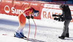 epa11830661 Marco Odermatt of Switzerland reacts in the finish area during the Men's Super G race at the FIS Alpine Skiing World Cup in Wengen, Switzerland, 17 January 2025. EPA/PETER KLAUNZER