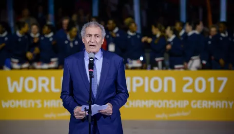 Hassan Moustafa, President of the International Handball Federation (IHF), gives a speech before the award ceremony celebrating the winner of the 2017 World Women's Handball Championship finals between Norway and France in the Barclaycard Arena in Hamburg, Germany, 17 December 2017. Photo: Axel Heimken/dpa /DPA/PIXSELL