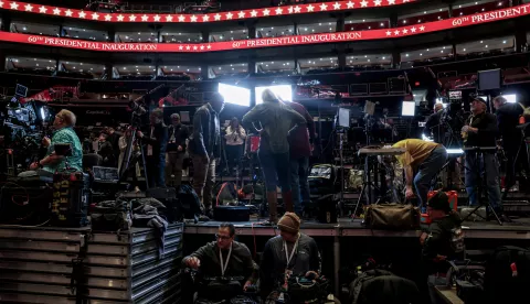 Media sets up in the Capital One Arena ahead of a rally the day before President-elect Donald Trump is scheduled to be inaugurated for a second term, in Washington, U.S., January 19, 2025. REUTERS/Evelyn Hockstein Photo: Evelyn Hockstein/REUTERS