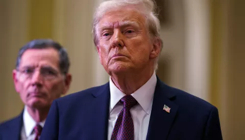 epa11813974 US President-elect Donald Trump reacts after a meeting at the US Capitol in Washington, DC, USA, 08 January 2025. Earlier, Trump paid his respects to former US President Jimmy Carter, who died at age 100 in his hometown of Plains, Georgia, on 29 December 2024. EPA/WILL OLIVER