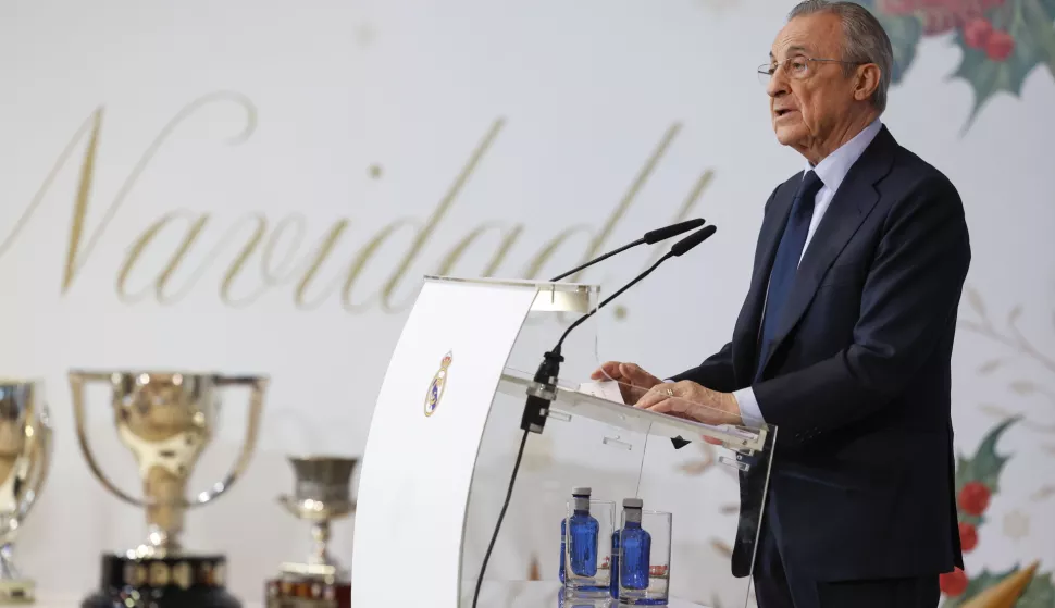 epa11787133 Real Madrid's president Florentino Perez gives a speech during the traditional Christmas press meeting held at Valdebebas Sports Complex in Madrid, Spain, 20 December 2024. EPA/Chema Moya