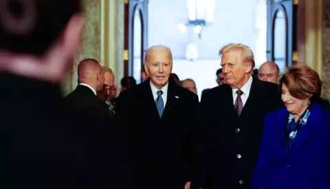 epa11839031 President Joe Biden and President-elect Donald Trump arrive ahead of the 60th inaugural ceremony on January 20, 2025, at the US Capitol in Washington, DC. Trump becomes the 47th president of the United States in a rare indoor inauguration ceremony. The parade was also moved inside Capitol One Arena due to weather. EPA/Melina Mara/POOL