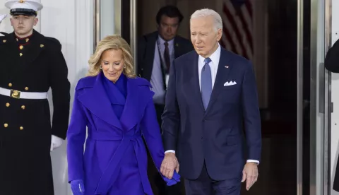 epa11838374 US President Joe Biden and First Lady Jill Biden prepare to welcome Vice President Kamala Harris and Second Gentleman Doug Emhoff to the North Portico of the White House on the morning of President-elect Donald Trump's inauguration in Washington, DC, USA, 20 January 2025. Trump, who defeated Harris to become the 47th president of the United States, is being sworn in on 20 January 2025, though the planned outdoor ceremonies and events have been canceled due to extreme cold temperatures. EPA/JIM LO SCALZO