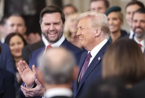 epa11839061 U.S. Vice President-elect J.D. Vance (L) applauds as U.S. President-elect Donald Trump reacts ahead of the inauguration ceremony of Donald Trump is sworn in as the 47th US President in the US Capitol Rotunda in Washington, DC, USA, 20 January 2025. EPA/KEVIN LAMARQUE/POOL