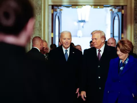 epa11839031 President Joe Biden and President-elect Donald Trump arrive ahead of the 60th inaugural ceremony on January 20, 2025, at the US Capitol in Washington, DC. Trump becomes the 47th president of the United States in a rare indoor inauguration ceremony. The parade was also moved inside Capitol One Arena due to weather. EPA/Melina Mara/POOL