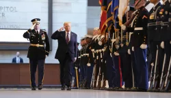 epa11840474 US President Donald Trump reviews the troops in Emancipation Hall of the U.S. Capitol during his Inauguration ceremony in Washington, D.C., USA, 20 January 2025. Trump was sworn in for a second term as president of the United States on 20 January. EPA/GREG NASH/POOL