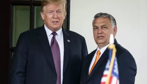 epa07567884 US President Donald J. Trump (L) welcomes Hungarian Prime Minister Viktor Orban (R) to the White House in Washington, DC, USA, 13 May 2019. Their meeting marks the first time a US president has granted Orban a formal visit in more than 20 years. EPA/JIM LO SCALZO