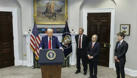 United States President Donald Trump gives remarks on AI Infrastructure as Larry Ellison, Chief technology officer of Oracle, Junichi Miyakawa, CEO of SoftBank Corp, Sam Altman, CEO of OpenAI look on in the Roosevelt Room of the White House in Washington DC, on Tuesday, January 21, 2025. President Trump is expected to announce a 0 billion AI infrastructure investment in the US. Credit: Aaron Schwartz/Pool via CNP