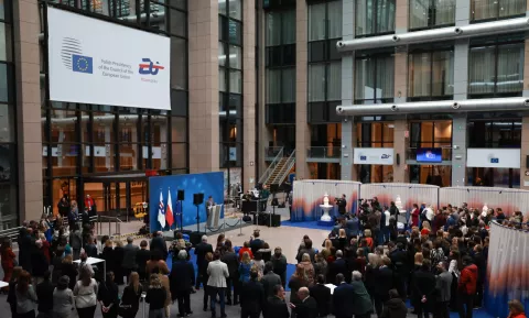 epa11823762 People attend the opening of the art installation 'We Are the Weather' by Polish artist Alicja Patanowska as part of the Polish Presidency of the Council of the European Union at the EU Council building in Brussels, Belgium, 14 January 2025. EPA/OLIVIER HOSLET