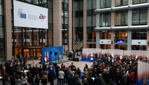 epa11823762 People attend the opening of the art installation 'We Are the Weather' by Polish artist Alicja Patanowska as part of the Polish Presidency of the Council of the European Union at the EU Council building in Brussels, Belgium, 14 January 2025. EPA/OLIVIER HOSLET