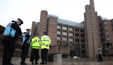 epa11837904 Police officers stand outside the Liverpool Crown Court as the trial of defendant Axel Rudakubana is set to begin in Liverpool, Britain, 20 January 2025. British teenager Axel Rudakubana is standing trial on three counts of murder and 10 counts of attempted murder for an attack at a Taylor Swift-themed dance workshop in Southport in July 2024. EPA/ADAM VAUGHAN