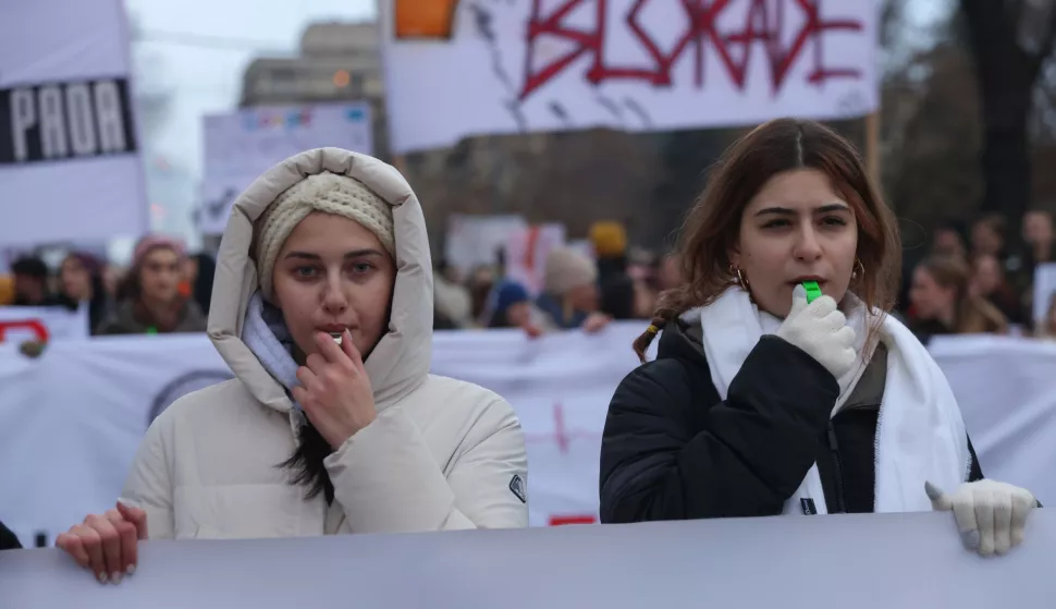 epa11820573 Protesters blow whistles during a protest rally in Belgrade, Serbia, 12 January 2025. University students staged a protest in front of the Constitutional Court asking for accountability after fifteen people lost their lives in the collapse of the Novi Sad Railway Station canopy on 01 November 2024. The station building, which had been renovated and reopened on 05 July 2024, was undergoing further renovations shortly before the collapse.  EPA/ANDREJ CUKIC