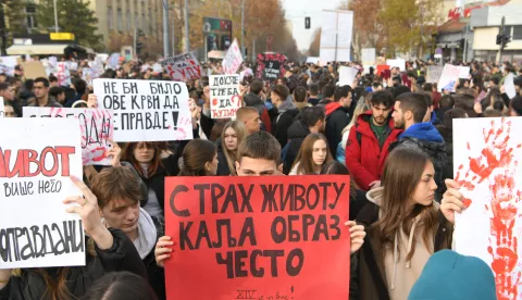 18, December, 2024, Belgrade - Students of the University of Belgrade gathered at Vuk's Monument, where they blocked traffic in the "Stop, Serbia" action to hold a 15-minute rally in memory of the victims in Novi Sad. Photo: R.Z./ATAImages 18, decembar, 2024, Beograd - Studenti Beogradskog Univerziteta izasli su kod Vukovog spomenika, gde su blokirali saobracaj u akciji "Zastani, Srbijo" kako bi odrzali skup u trajanju od 15 minuta u znak secanja na stradale u Novom Sadu. Photo: R.Z./ATAImages Photo: R.Z./ATAImages/PIXSELL