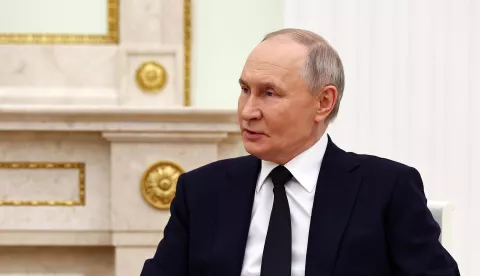 epa11828506 Russian President Vladimir Putin speaks during a meeting with the president of the Central African Republic during the latter's visit to Moscow, Russia, 16 January 2025.  EPA/EVGENIA NOVOZHENINA/POOL