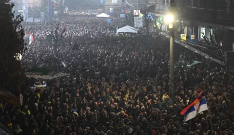 Jagodina, 24.01.2025. - Srbijanski predsjednik Aleksandar Vučić pozvao je u petak na formiranje širokog "narodnog pokreta za budućnost Srbije" ustvrdivši da je Srbija "napadnuta i izvana i iznutra", a tromjesečne prosvjede i studentske blokade nazvao je pokušajima dolaska na vlast "zlouporabom djece". foto HINA/ TANJUG/ STR, fotografija niske rezolucije/ nr/ ml