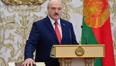 epa08690279 A handout photo made available by Belta shows Belarusian President Alexander Lukashenko swears-in during an inauguration ceremony at the Palace of Independence in Minsk, Belarus, 23 September 2020. Alexander Lukashenko officialy took an office as the President of Belarus amid ongoing opposition protests demanding new elections under international observation. EPA/ANDREI STASEVICH/BELTA/HANDOUT HANDOUT EDITORIAL USE ONLY/NO SALES