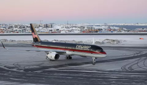 epa11811326 An aircraft carrying Donald Trump Jr. arrives at an airport in Nuuk, Greenland, 07 January 2025. Donald Trump Jr. is on a private visit to the autonomous Danish territory of Greenland. EPA/EMIL STACH DENMARK OUT