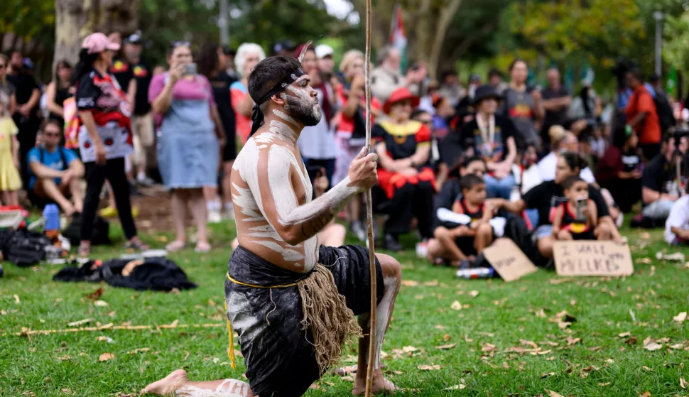 epa11853563 A Muggera dancer performs a ceremonial dance during an Invasion Day rally in Sydney, Australia, 26 January 2025. Australia Day, the official national day of Australia, also known as Invasion Day as it marks the colonization of the country's Aboriginal people, is celebrated every year on 26 January. It commemorates the 1788 landing of the First Fleet and the raising of Great Britain's Union Jack. EPA/STEVEN MARKHAM AUSTRALIA AND NEW ZEALAND OUT