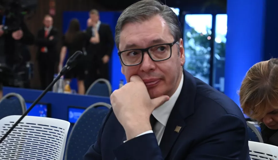 epa11707163 Serbian President Aleksandar Vucic attends a plenary session of the 5th summit of the European Political Community (EPC) held in Puskas Arena in Budapest, Hungary, 07 November 2024 EPA/ZOLTAN MATHE HUNGARY OUT